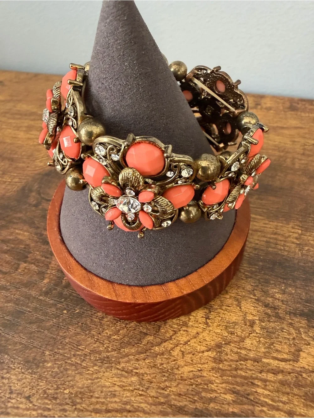 Victorian Revival Coral Floral Stretch Bracelet Rhinestone Antiqued Gold Chunky